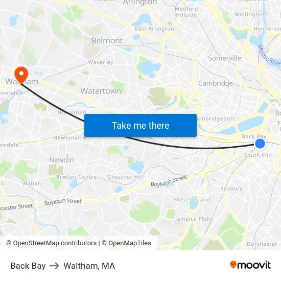 Back Bay to Waltham, MA map