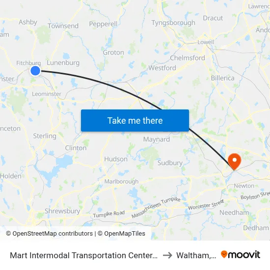 Mart Intermodal Transportation Center, Fitchburg to Waltham, MA map