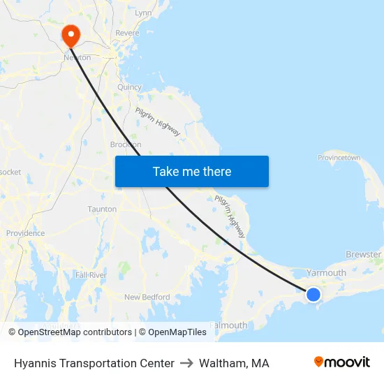Hyannis Transportation Center to Waltham, MA map