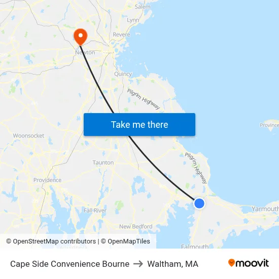Cape Side Convenience Bourne to Waltham, MA map
