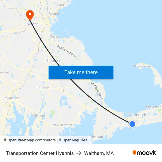 Transportation Center Hyannis to Waltham, MA map