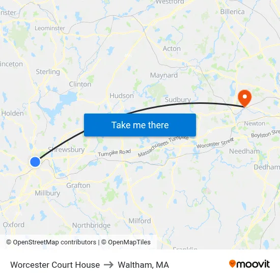 Worcester Court House to Waltham, MA map