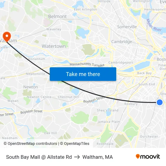 South Bay Mall @ Allstate Rd to Waltham, MA map