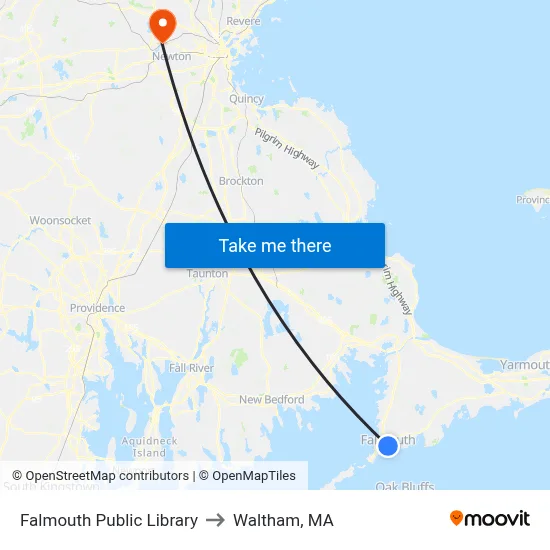 Falmouth Public Library to Waltham, MA map