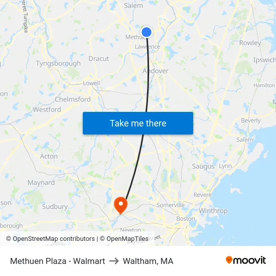 Methuen Plaza - Walmart to Waltham, MA map