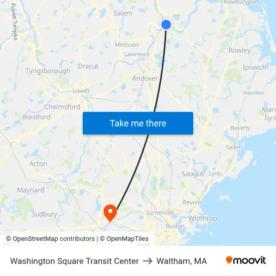 Washington Square Transit Center to Waltham, MA map