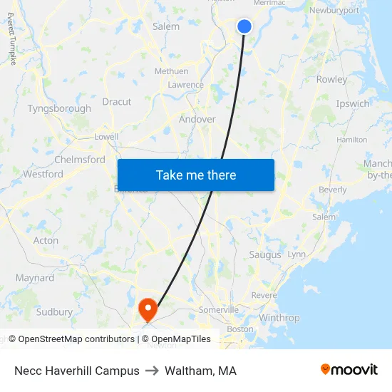 Necc Haverhill Campus to Waltham, MA map