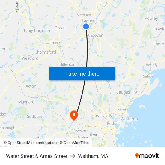 Water Street & Ames Street to Waltham, MA map