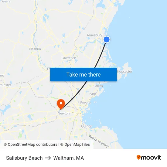 Salisbury Beach to Waltham, MA map