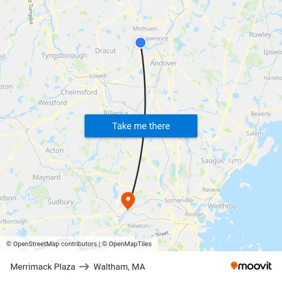 Merrimack Plaza to Waltham, MA map