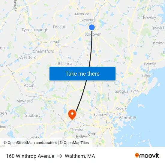 160 Winthrop Avenue to Waltham, MA map