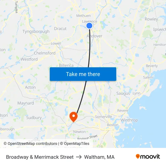 Broadway & Merrimack Street to Waltham, MA map