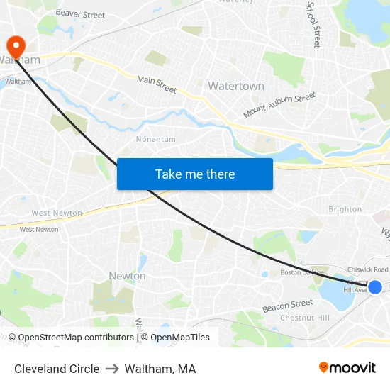Cleveland Circle to Waltham, MA map