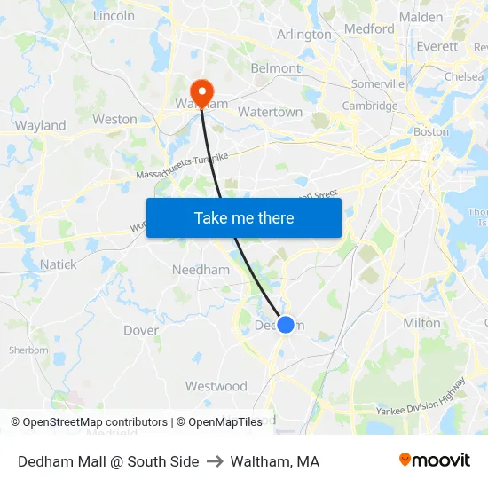 Dedham Mall @ South Side to Waltham, MA map
