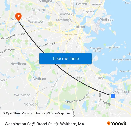 Washington St @ Broad St to Waltham, MA map