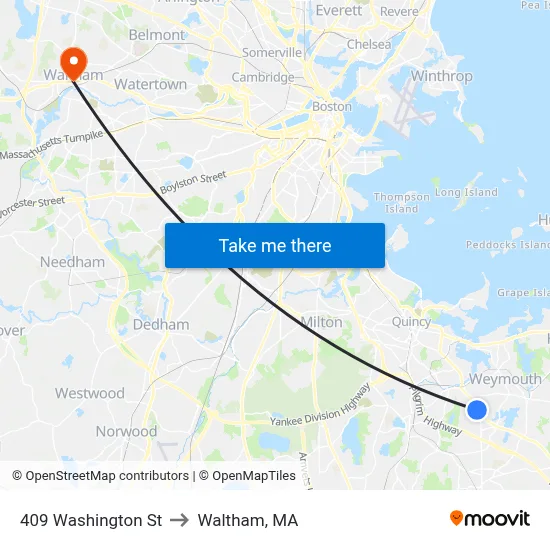 409 Washington St to Waltham, MA map