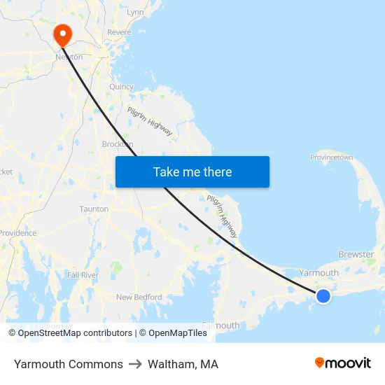 Yarmouth Commons to Waltham, MA map