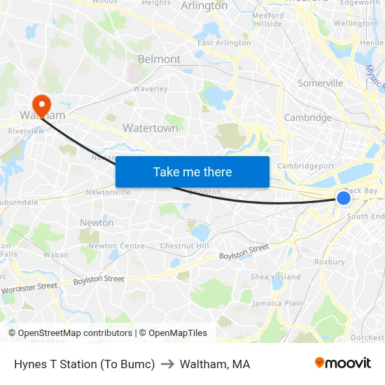 Hynes T Station (To Bumc) to Waltham, MA map