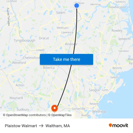 Plaistow Walmart to Waltham, MA map