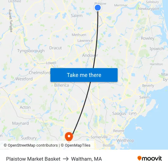 Plaistow Market Basket to Waltham, MA map