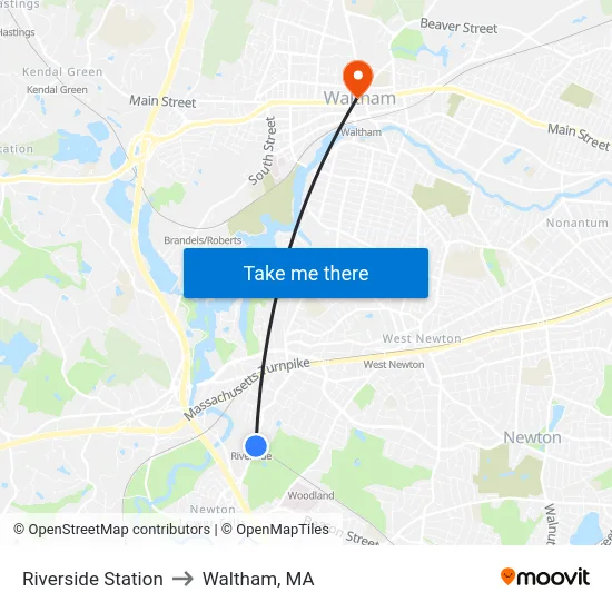 Riverside Station to Waltham, MA map