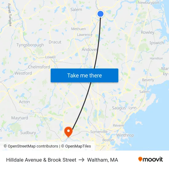 Hilldale Avenue & Brook Street to Waltham, MA map