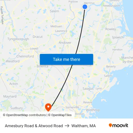 Amesbury Road & Atwood Road to Waltham, MA map
