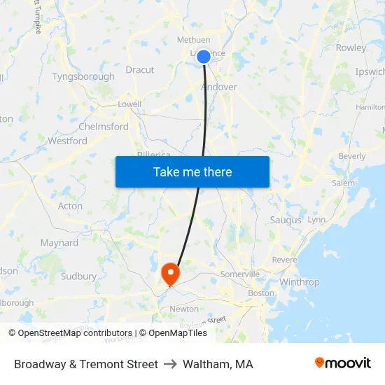 Broadway & Tremont Street to Waltham, MA map
