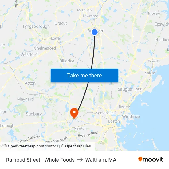 Railroad Street - Whole Foods to Waltham, MA map