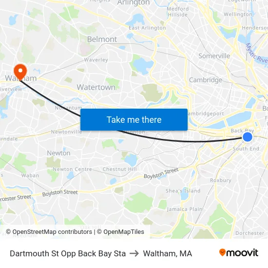 Dartmouth St Opp Back Bay Sta to Waltham, MA map