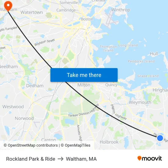 Rockland Park & Ride to Waltham, MA map