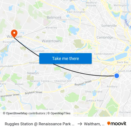 Ruggles Station @ Renaissance Park Garage to Waltham, MA map