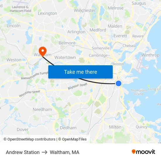 Andrew Station to Waltham, MA map