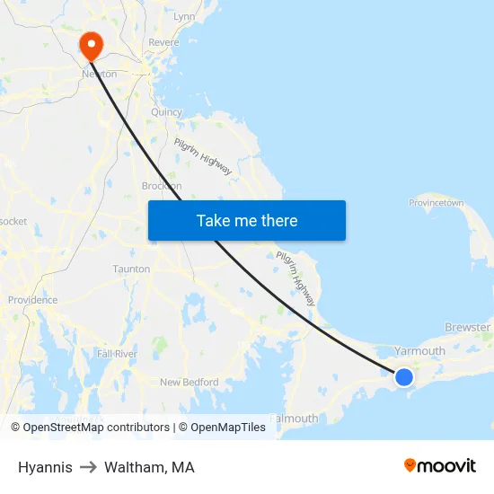 Hyannis to Waltham, MA map