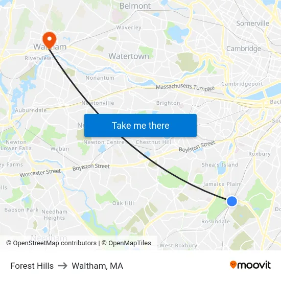 Forest Hills to Waltham, MA map