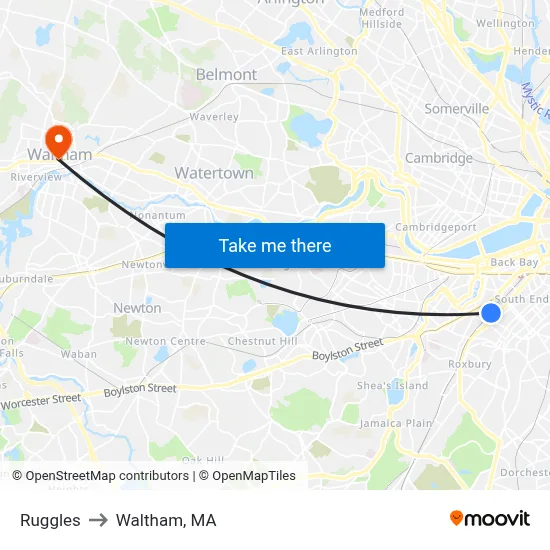 Ruggles to Waltham, MA map