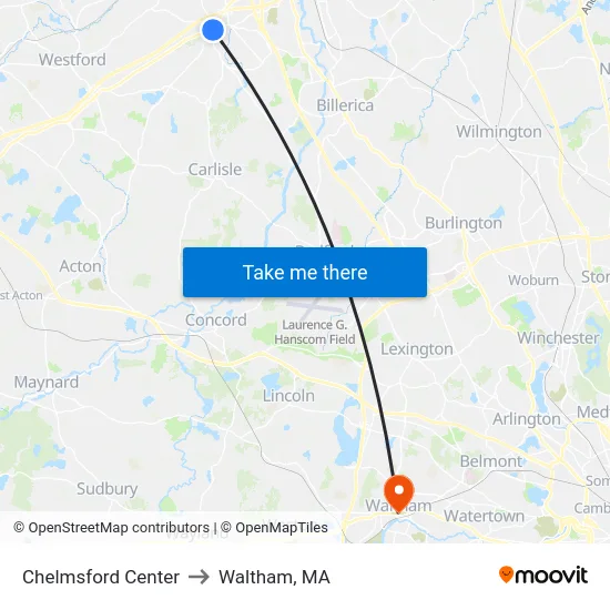 Chelmsford Center to Waltham, MA map