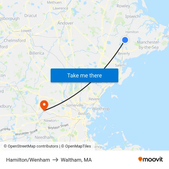 Hamilton/Wenham to Waltham, MA map