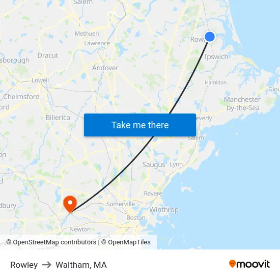 Rowley to Waltham, MA map