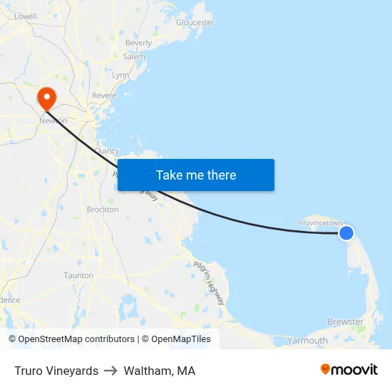 Truro Vineyards to Waltham, MA map