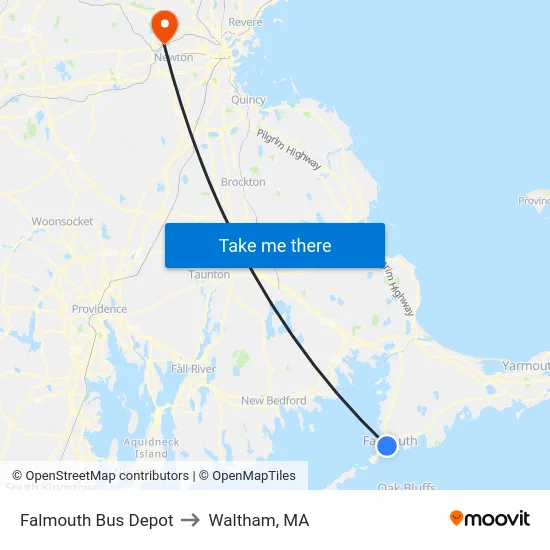Falmouth Bus Depot to Waltham, MA map