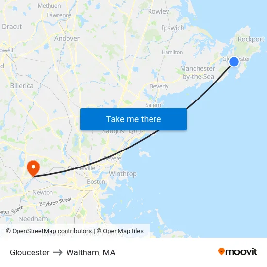 Gloucester to Waltham, MA map