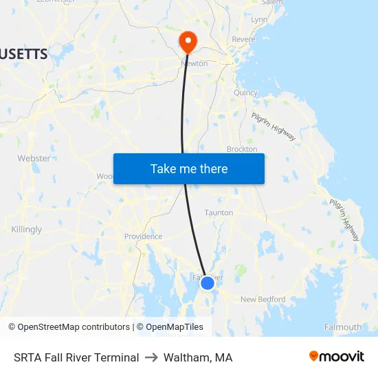 SRTA Fall River Terminal to Waltham, MA map