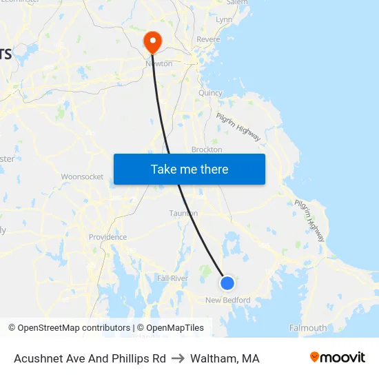 Acushnet Ave And Phillips Rd to Waltham, MA map