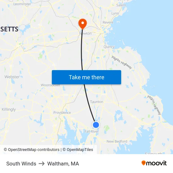 South Winds to Waltham, MA map