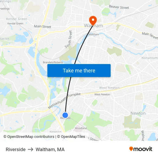 Riverside to Waltham, MA map