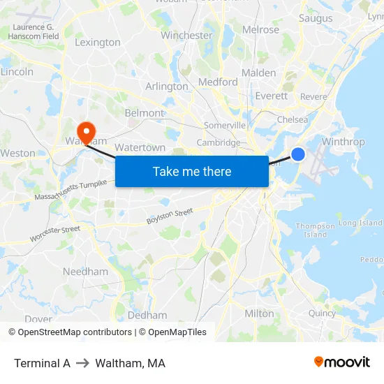 Terminal A to Waltham, MA map