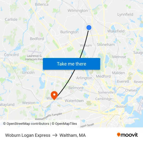 Woburn Logan Express to Waltham, MA map