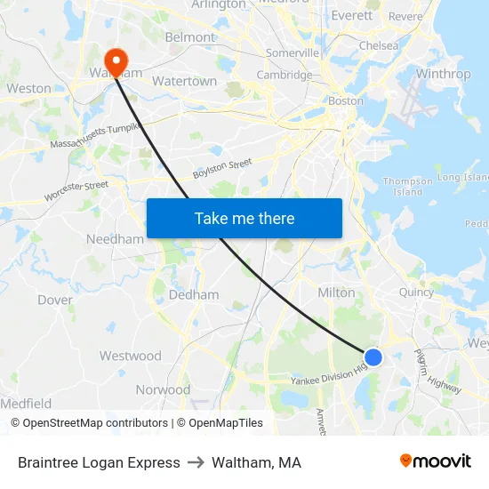 Braintree Logan Express to Waltham, MA map