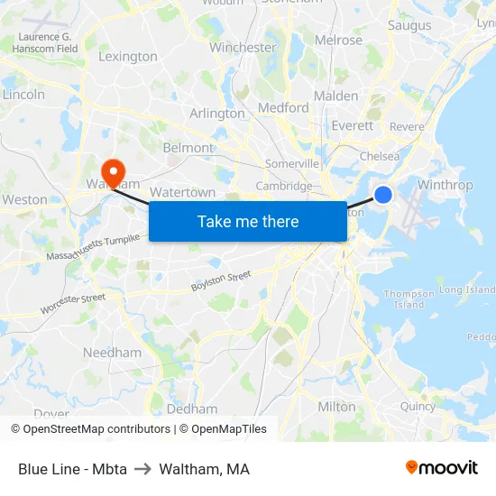 Blue Line - Mbta to Waltham, MA map
